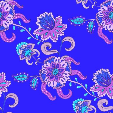 Suluboya desensiz, folky çiçekli ve yapraklı, etnik tarzda. Çiçek süsleme. Geleneksel şal deseni. Tekstil tasarım dokusu. Kabilesel etnik klasik dikişsiz model..