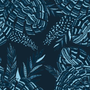 Yaratıcı renkli tropikal yaprakları olan modern, soyut, pürüzsüz desen. Geçmişe dönük parlak yaz geçmişi. Orman yaprakları çizimi. Mayo botanik tasarımı. Antika egzotik baskı.