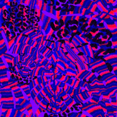 Yaratıcı renkli tropikal yaprakları ve leopar benekleri olan modern soyut ve pürüzsüz desen. Geçmişe dönük parlak yaz geçmişi. Orman yaprakları çizimi. Mayo botanik tasarımı. Antika egzotik baskı.