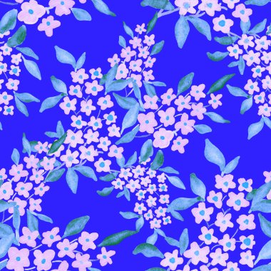 Bahar çiçekleriyle suluboya kusursuz desen. Klasik botanik çizimi. Her türlü tasarım için zarif bir dekorasyon. Renkli ve soyut çiçekli moda baskısı. Suluboya dokusu.