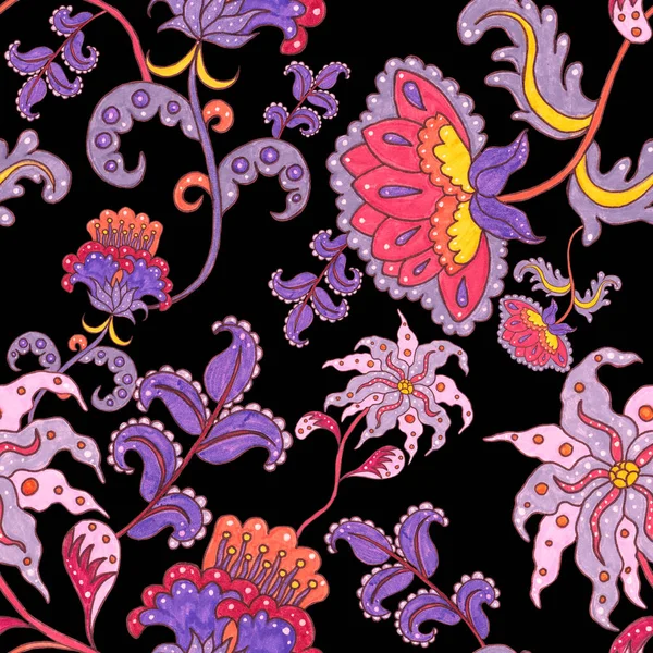 水彩斑斓的无缝图案 有民间花和民族风格的叶子 花环装饰 传统的佩斯利图案 纺织品的设计结构 部族血统的无缝图案 — 图库照片