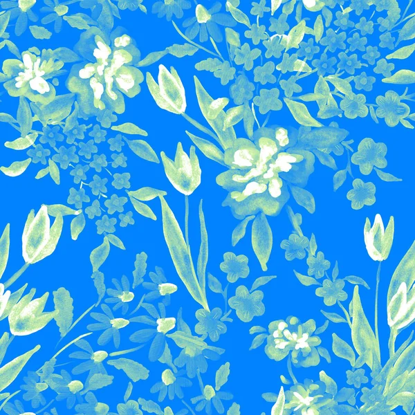 水彩画的无缝图案与春天花束 古老的植物图解 精美的装饰为任何类型的设计 时尚印花与五彩缤纷的抽象花朵 水彩纹理 — 图库照片