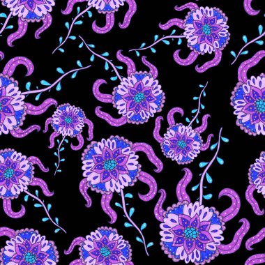 Suluboya desensiz, folky çiçekli ve yapraklı, etnik tarzda. Çiçek süsleme. Geleneksel şal deseni. Tekstil tasarım dokusu. Kabilesel etnik klasik dikişsiz model..
