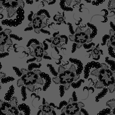 Suluboya desensiz, folky çiçekli ve yapraklı, etnik tarzda. Çiçek süsleme. Geleneksel şal deseni. Tekstil tasarım dokusu. Kabilesel etnik klasik dikişsiz model..