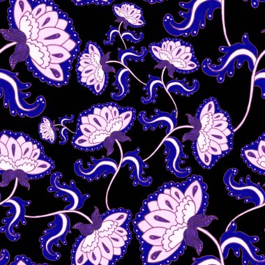 Suluboya desensiz, folky çiçekli ve yapraklı, etnik tarzda. Çiçek süsleme. Geleneksel şal deseni. Tekstil tasarım dokusu. Kabilesel etnik klasik dikişsiz model..