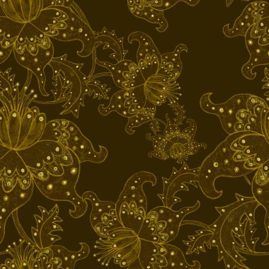 Suluboya desensiz, folky çiçekli ve yapraklı, etnik tarzda. Çiçek süsleme. Geleneksel şal deseni. Tekstil tasarım dokusu. Kabilesel etnik klasik dikişsiz model..