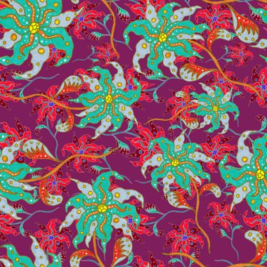 Suluboya desensiz, folky çiçekli ve yapraklı, etnik tarzda. Çiçek süsleme. Geleneksel şal deseni. Tekstil tasarım dokusu. Kabilesel etnik klasik dikişsiz model..