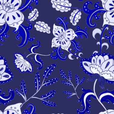 Suluboya desensiz, folky çiçekli ve yapraklı, etnik tarzda. Çiçek süsleme. Geleneksel şal deseni. Tekstil tasarım dokusu. Kabilesel etnik klasik dikişsiz model..