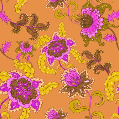 Suluboya desensiz, folky çiçekli ve yapraklı, etnik tarzda. Çiçek süsleme. Geleneksel şal deseni. Tekstil tasarım dokusu. Kabilesel etnik klasik dikişsiz model..