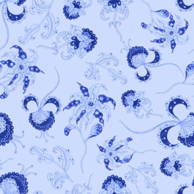 Suluboya desensiz, folky çiçekli ve yapraklı, etnik tarzda. Çiçek süsleme. Geleneksel şal deseni. Tekstil tasarım dokusu. Kabilesel etnik klasik dikişsiz model..