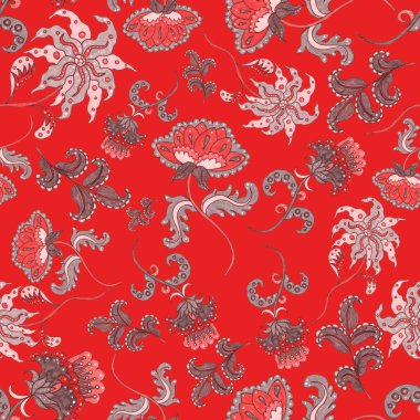 Suluboya desensiz, folky çiçekli ve yapraklı, etnik tarzda. Çiçek süsleme. Geleneksel şal deseni. Tekstil tasarım dokusu. Kabilesel etnik klasik dikişsiz model..