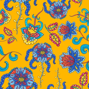 Suluboya desensiz, folky çiçekli ve yapraklı, etnik tarzda. Çiçek süsleme. Geleneksel şal deseni. Tekstil tasarım dokusu. Kabilesel etnik klasik dikişsiz model..