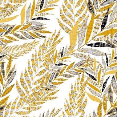 Yaratıcı renkli tropikal yaprakları olan modern, soyut, pürüzsüz desen. Geçmişe dönük parlak yaz geçmişi. Orman yaprakları çizimi. Mayo botanik tasarımı. Antika egzotik baskı.