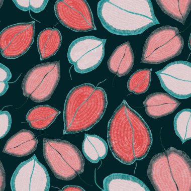 Yaratıcı renkli tropikal yaprakları olan modern, soyut, pürüzsüz desen. Geçmişe dönük parlak yaz geçmişi. Orman yaprakları çizimi. Mayo botanik tasarımı. Antika egzotik baskı.