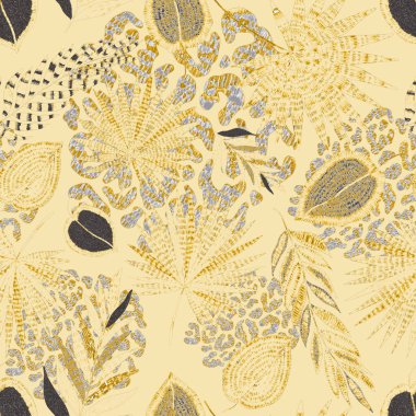 Yaratıcı renkli tropikal yaprakları ve leopar benekleri olan modern soyut ve pürüzsüz desen. Geçmişe dönük parlak yaz geçmişi. Orman yaprakları çizimi. Mayo botanik tasarımı. Antika egzotik baskı.