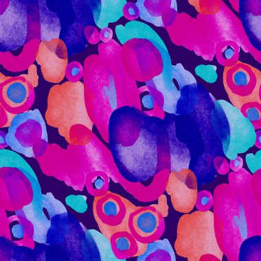 Suluboya, soyut, kusursuz desen. Parlak el yapımı elementlerle yaratıcı doku. Soyut renkli yazdırma.