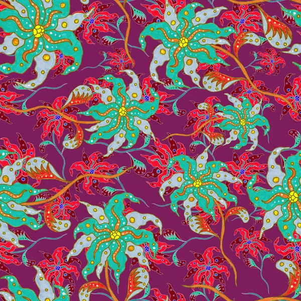 Suluboya desensiz, folky çiçekli ve yapraklı, etnik tarzda. Çiçek süsleme. Geleneksel şal deseni. Tekstil tasarım dokusu. Kabilesel etnik klasik dikişsiz model..