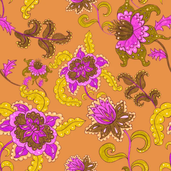 Suluboya desensiz, folky çiçekli ve yapraklı, etnik tarzda. Çiçek süsleme. Geleneksel şal deseni. Tekstil tasarım dokusu. Kabilesel etnik klasik dikişsiz model..