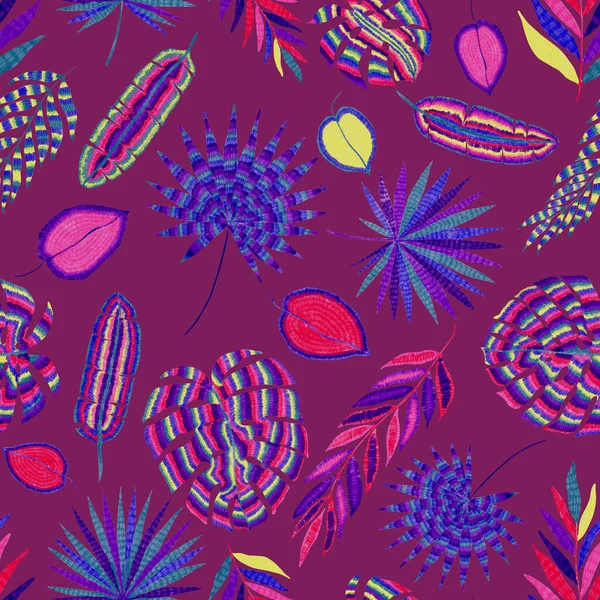 Современный Абстрактный Бесшовный Рисунок Творческими Красочными Тропическими Листьями Ретро Яркий — стоковое фото