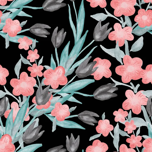 水彩画的无缝图案与春天花束 古老的植物图解 精美的装饰为任何类型的设计 时尚印花与五彩缤纷的抽象花朵 水彩纹理 — 图库照片