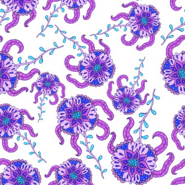 Suluboya desensiz, folky çiçekli ve yapraklı, etnik tarzda. Çiçek süsleme. Geleneksel şal deseni. Tekstil tasarım dokusu. Kabilesel etnik klasik dikişsiz model..