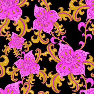 Suluboya desensiz, folky çiçekli ve yapraklı, etnik tarzda. Çiçek süsleme. Geleneksel şal deseni. Tekstil tasarım dokusu. Kabilesel etnik klasik dikişsiz model..