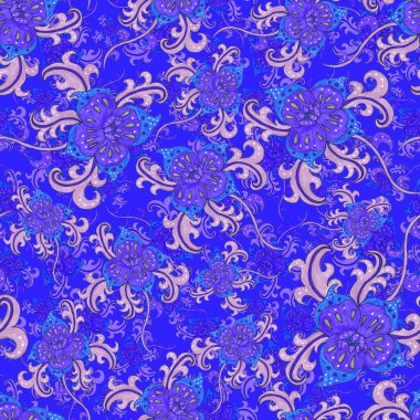 Suluboya desensiz, folky çiçekli ve yapraklı, etnik tarzda. Çiçek süsleme. Geleneksel şal deseni. Tekstil tasarım dokusu. Kabilesel etnik klasik dikişsiz model..