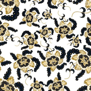 Suluboya desensiz, folky çiçekli ve yapraklı, etnik tarzda. Çiçek süsleme. Geleneksel şal deseni. Tekstil tasarım dokusu. Kabilesel etnik klasik dikişsiz model..