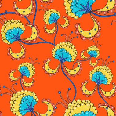 Suluboya desensiz, folky çiçekli ve yapraklı, etnik tarzda. Çiçek süsleme. Geleneksel şal deseni. Tekstil tasarım dokusu. Kabilesel etnik klasik dikişsiz model..