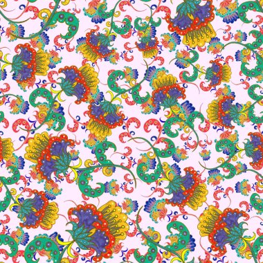 Suluboya desensiz, folky çiçekli ve yapraklı, etnik tarzda. Çiçek süsleme. Geleneksel şal deseni. Tekstil tasarım dokusu. Kabilesel etnik klasik dikişsiz model..