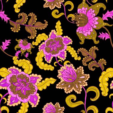 Suluboya desensiz, folky çiçekli ve yapraklı, etnik tarzda. Çiçek süsleme. Geleneksel şal deseni. Tekstil tasarım dokusu. Kabilesel etnik klasik dikişsiz model..