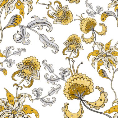 Suluboya desensiz, folky çiçekli ve yapraklı, etnik tarzda. Çiçek süsleme. Geleneksel şal deseni. Tekstil tasarım dokusu. Kabilesel etnik klasik dikişsiz model..