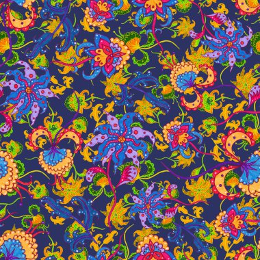 Suluboya desensiz, folky çiçekli ve yapraklı, etnik tarzda. Çiçek süsleme. Geleneksel şal deseni. Tekstil tasarım dokusu. Kabilesel etnik klasik dikişsiz model..