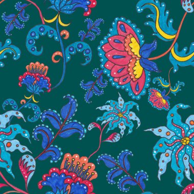 Suluboya desensiz, folky çiçekli ve yapraklı, etnik tarzda. Çiçek süsleme. Geleneksel şal deseni. Tekstil tasarım dokusu. Kabilesel etnik klasik dikişsiz model..