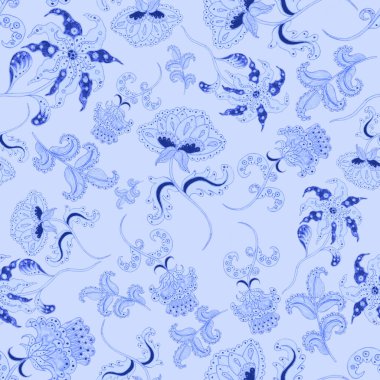 Suluboya desensiz, folky çiçekli ve yapraklı, etnik tarzda. Çiçek süsleme. Geleneksel şal deseni. Tekstil tasarım dokusu. Kabilesel etnik klasik dikişsiz model..