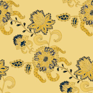 Suluboya desensiz, folky çiçekli ve yapraklı, etnik tarzda. Çiçek süsleme. Geleneksel şal deseni. Tekstil tasarım dokusu. Kabilesel etnik klasik dikişsiz model..