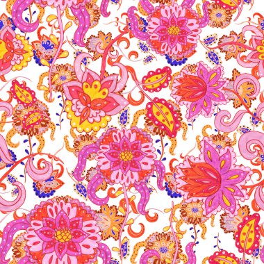 Suluboya desensiz, folky çiçekli ve yapraklı, etnik tarzda. Çiçek süsleme. Geleneksel şal deseni. Tekstil tasarım dokusu. Kabilesel etnik klasik dikişsiz model..