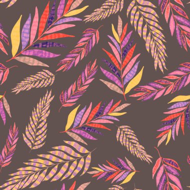 Yaratıcı renkli tropikal yaprakları olan modern, soyut, pürüzsüz desen. Geçmişe dönük parlak yaz geçmişi. Orman yaprakları çizimi. Mayo botanik tasarımı. Antika egzotik baskı.