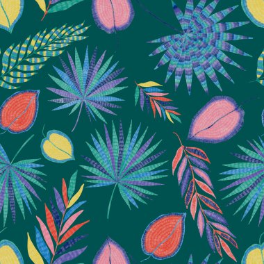Yaratıcı renkli tropikal yaprakları olan modern, soyut, pürüzsüz desen. Geçmişe dönük parlak yaz geçmişi. Orman yaprakları çizimi. Mayo botanik tasarımı. Antika egzotik baskı.