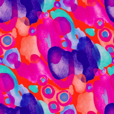 Suluboya, soyut, kusursuz desen. Parlak el yapımı elementlerle yaratıcı doku. Soyut renkli yazdırma.