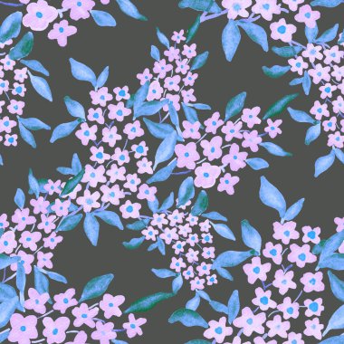 Bahar çiçekleriyle suluboya kusursuz desen. Klasik botanik çizimi. Her türlü tasarım için zarif bir dekorasyon. Renkli ve soyut çiçekli moda baskısı. Suluboya dokusu.