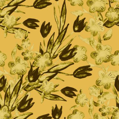 Bahar çiçekleriyle suluboya kusursuz desen. Klasik botanik çizimi. Her türlü tasarım için zarif bir dekorasyon. Renkli ve soyut çiçekli moda baskısı. Suluboya dokusu.