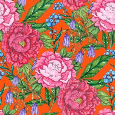 Çiçek buketli suluboya desenli. Klasik botanik çizimi. Her türlü tasarım için zarif bir dekorasyon. Renkli ve soyut çiçekli moda baskısı. Suluboya dokusu.