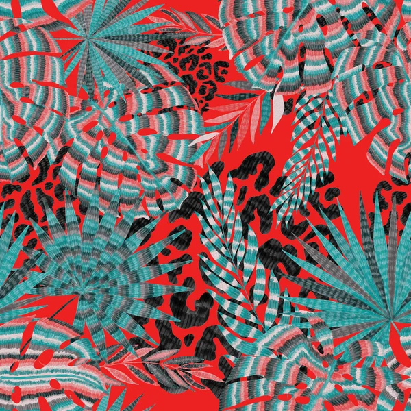 Modern Abstract Naadloos Patroon Met Creatieve Kleurrijke Tropische Bladeren Luipaardvlekken — Stockfoto
