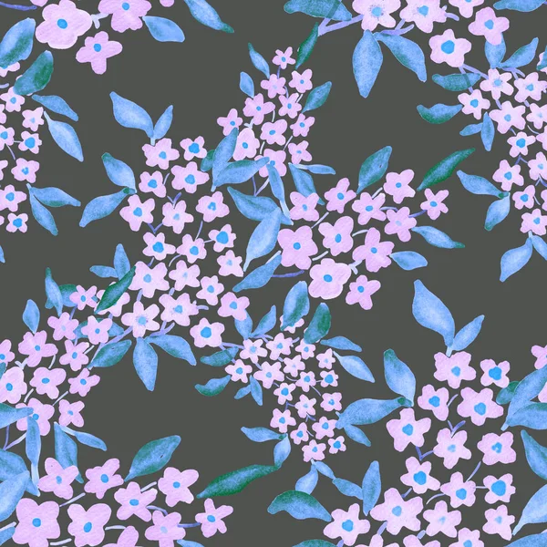Bahar çiçekleriyle suluboya kusursuz desen. Klasik botanik çizimi. Her türlü tasarım için zarif bir dekorasyon. Renkli ve soyut çiçekli moda baskısı. Suluboya dokusu.