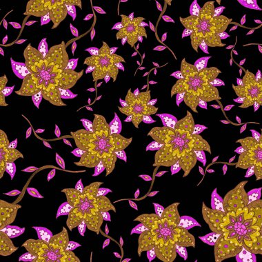 Suluboya desensiz, folky çiçekli ve yapraklı, etnik tarzda. Çiçek süsleme. Geleneksel şal deseni. Tekstil tasarım dokusu. Kabilesel etnik klasik dikişsiz model..