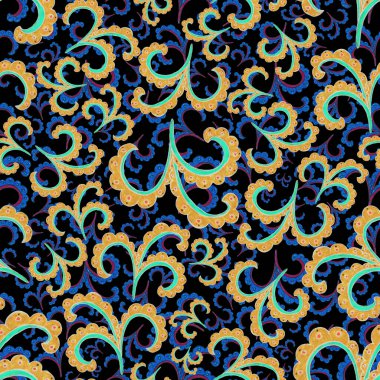 Suluboya desensiz, folky çiçekli ve yapraklı, etnik tarzda. Çiçek süsleme. Geleneksel şal deseni. Tekstil tasarım dokusu. Kabilesel etnik klasik dikişsiz model..