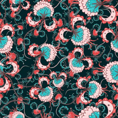 Suluboya desensiz, folky çiçekli ve yapraklı, etnik tarzda. Çiçek süsleme. Geleneksel şal deseni. Tekstil tasarım dokusu. Kabilesel etnik klasik dikişsiz model..