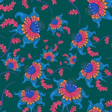 Suluboya desensiz, folky çiçekli ve yapraklı, etnik tarzda. Çiçek süsleme. Geleneksel şal deseni. Tekstil tasarım dokusu. Kabilesel etnik klasik dikişsiz model..