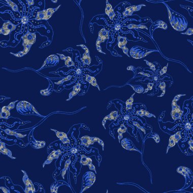 Suluboya desensiz, folky çiçekli ve yapraklı, etnik tarzda. Çiçek süsleme. Geleneksel şal deseni. Tekstil tasarım dokusu. Kabilesel etnik klasik dikişsiz model..